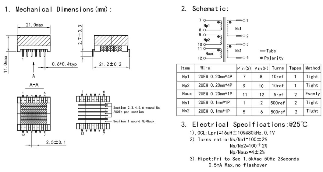 High Frequency Flying Leads Wire EPC17 Transformer